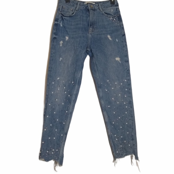 Zara Denim - ✨ FINAL PRICE Zara Pearl Studded Distressed High Waist Jeans Size 4